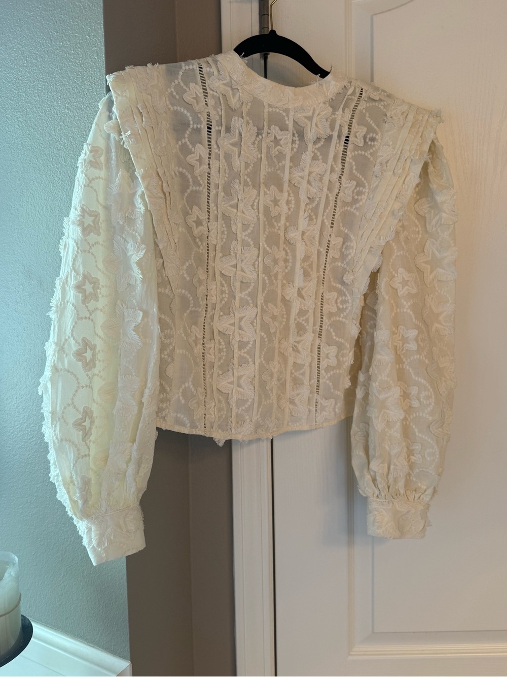 Farm Rio White Embroidered Star Sheer Lace Puff Sleeve Blouse Top S